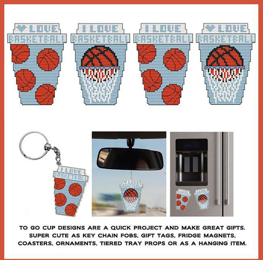 A stitched preview of the counted cross stitch pattern To Go Cup Series - BASKETBALL by Marcia Manning