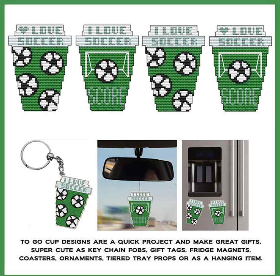 A stitched preview of the counted cross stitch pattern To Go Cup Series - SOCCER by Marcia Manning