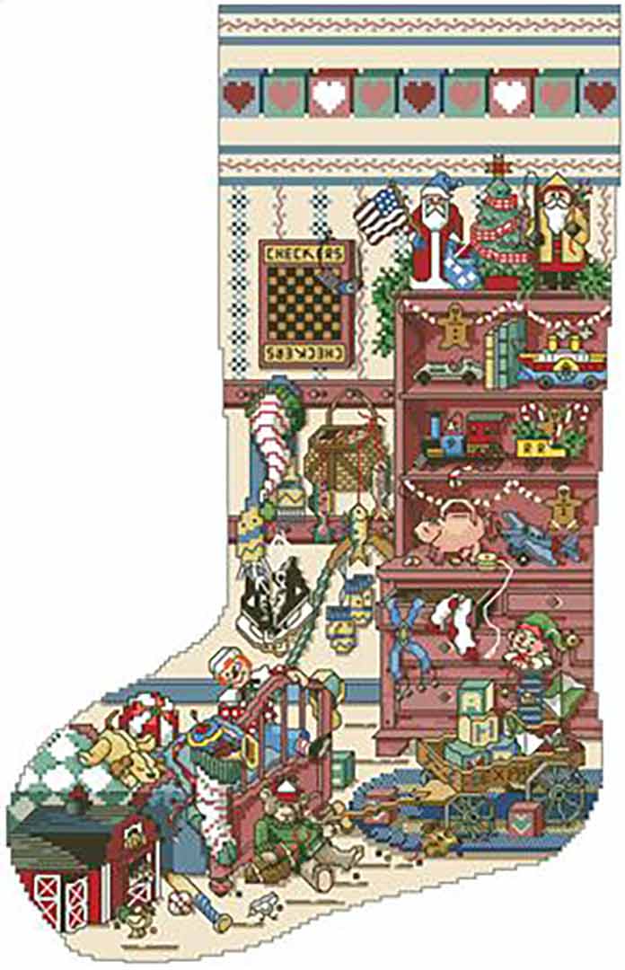 A stitched preview of the counted cross stitch pattern Toys And Games Heirloom Christmas Stocking by Kooler Design Studio