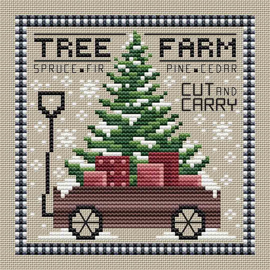 A stitched preview of the counted cross stitch pattern Tree Farm by Erin Elizabeth Designs
