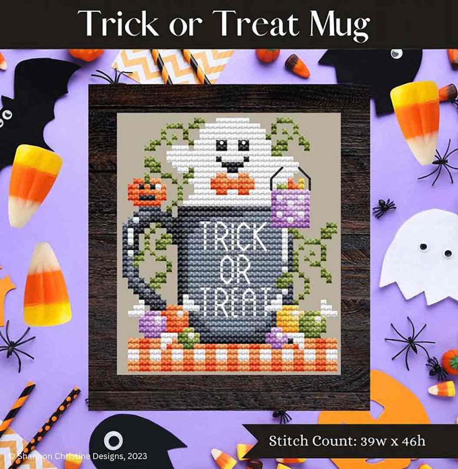 A stitched preview of the counted cross stitch pattern Trick Or Treat Mug by Shannon Christine Designs