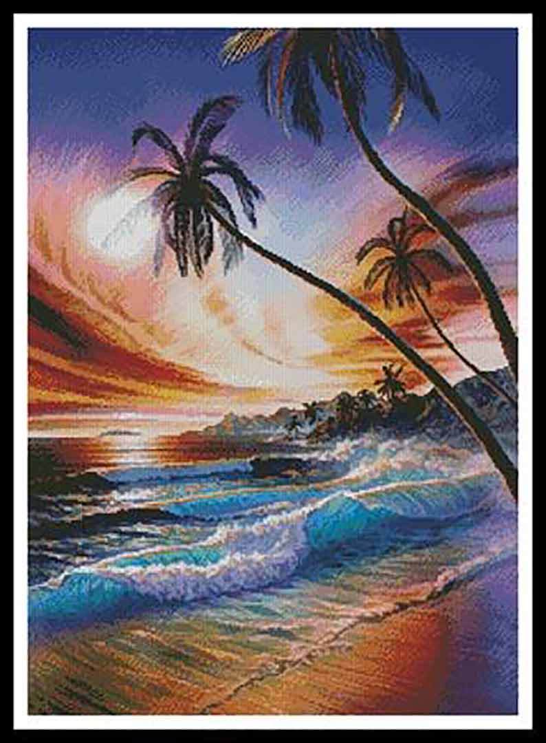 A stitched preview of the counted cross stitch pattern Tropical Beach by Artecy Cross Stitch