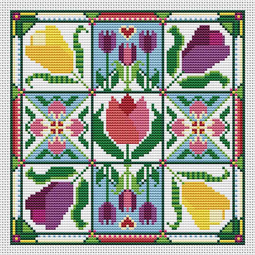 A stitched preview of the counted cross stitch pattern Tulip Dance by Carolyn Manning Designs