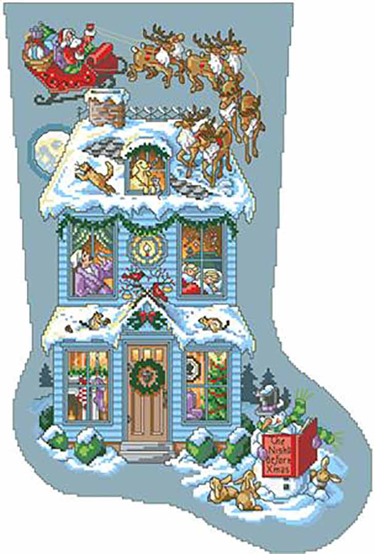 A stitched preview of the counted cross stitch pattern Twas The Night Before Christmas Stocking by Kooler Design Studio
