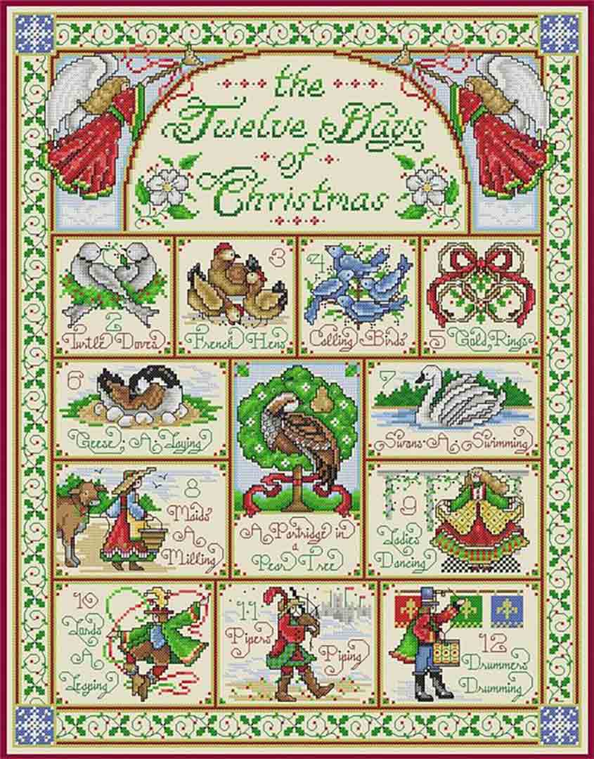 A stitched preview of the counted cross stitch pattern Twelve Days Of Christmas by Joan A Elliott