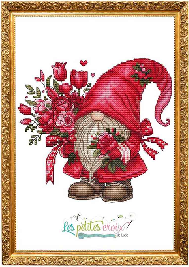 A stitched preview of the counted cross stitch pattern Valentine Gnome 2024 by Les Petites Croix De Lucie