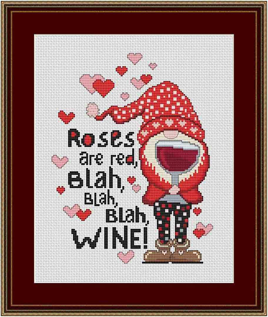 A stitched preview of the counted cross stitch pattern Valentine Gnome Roses Are Red...Wine! by Marcia Manning