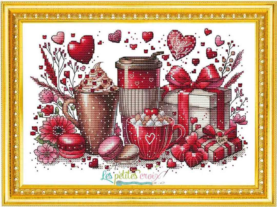 A stitched preview of the counted cross stitch pattern Valentine's Coffees by Les Petites Croix De Lucie