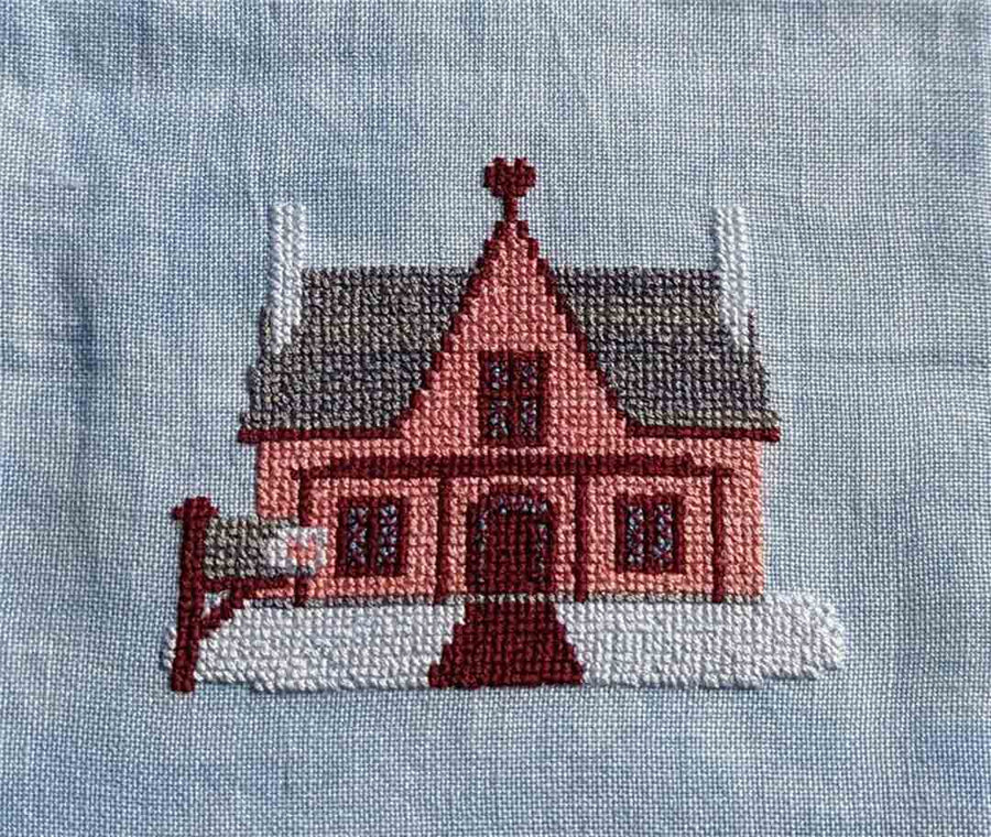 A stitched preview of the counted cross stitch pattern Valentine's Day House by KEB Studio Creations