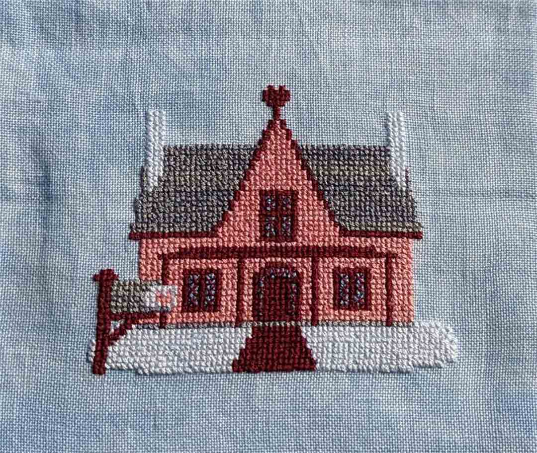 A stitched preview of the counted cross stitch pattern Valentine's Day House by KEB Studio Creations