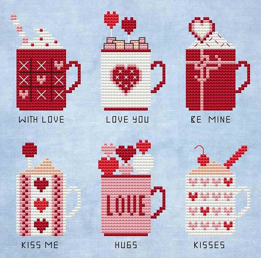 A stitched preview of the counted cross stitch pattern Valentine's Day Mugs by Kate Spiridonova