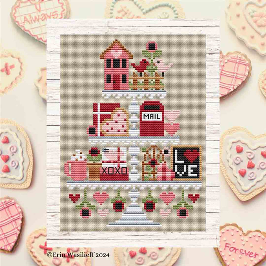 A stitched preview of the counted cross stitch pattern Valentine's Tier by Erin Elizabeth Designs