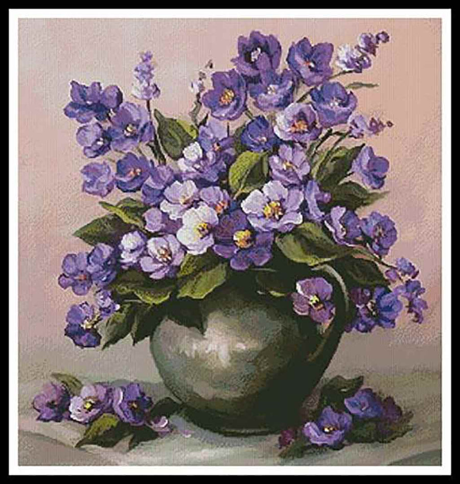 A stitched preview of the counted cross stitch pattern Vase Of Violets by Artecy Cross Stitch