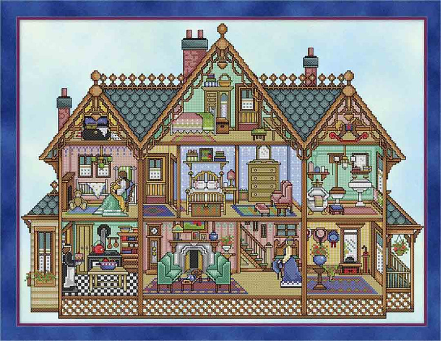 A stitched preview of the counted cross stitch pattern Victorian Dollhouse by Joan A Elliott