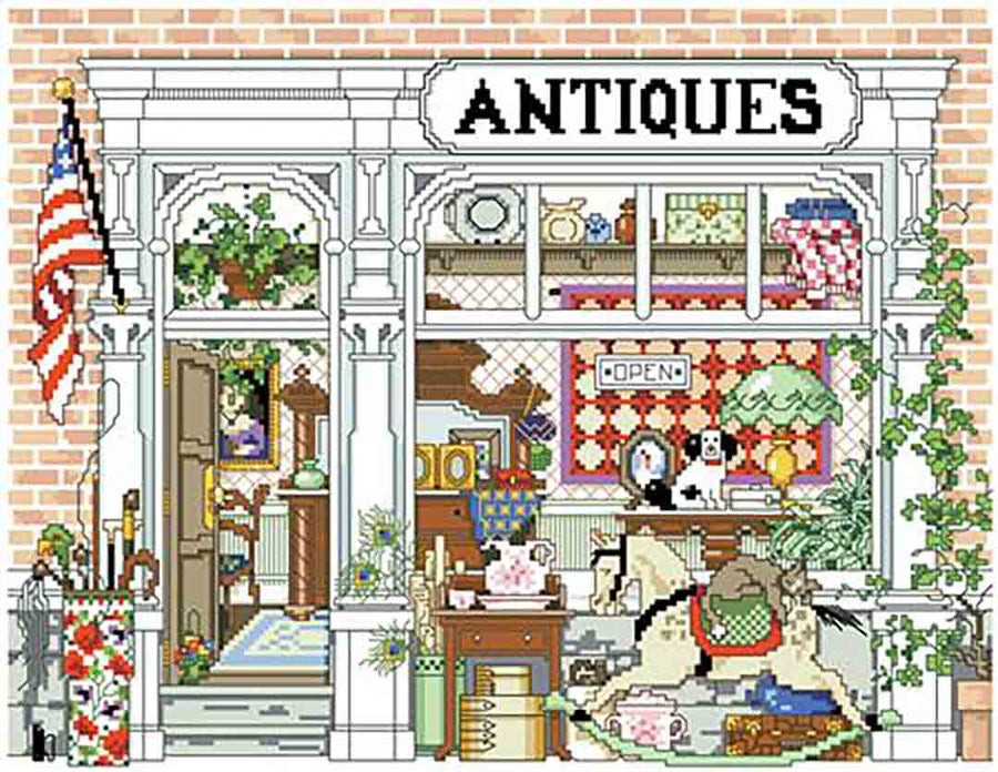 A stitched preview of the counted cross stitch pattern Village Antique Shop by Kooler Design Studio