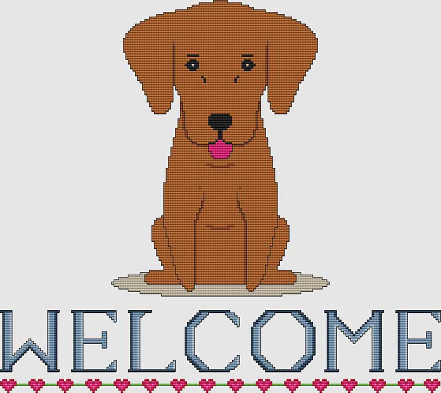 A stitched preview of the counted cross stitch pattern Vizsla Welcome by DogShoppe Designs