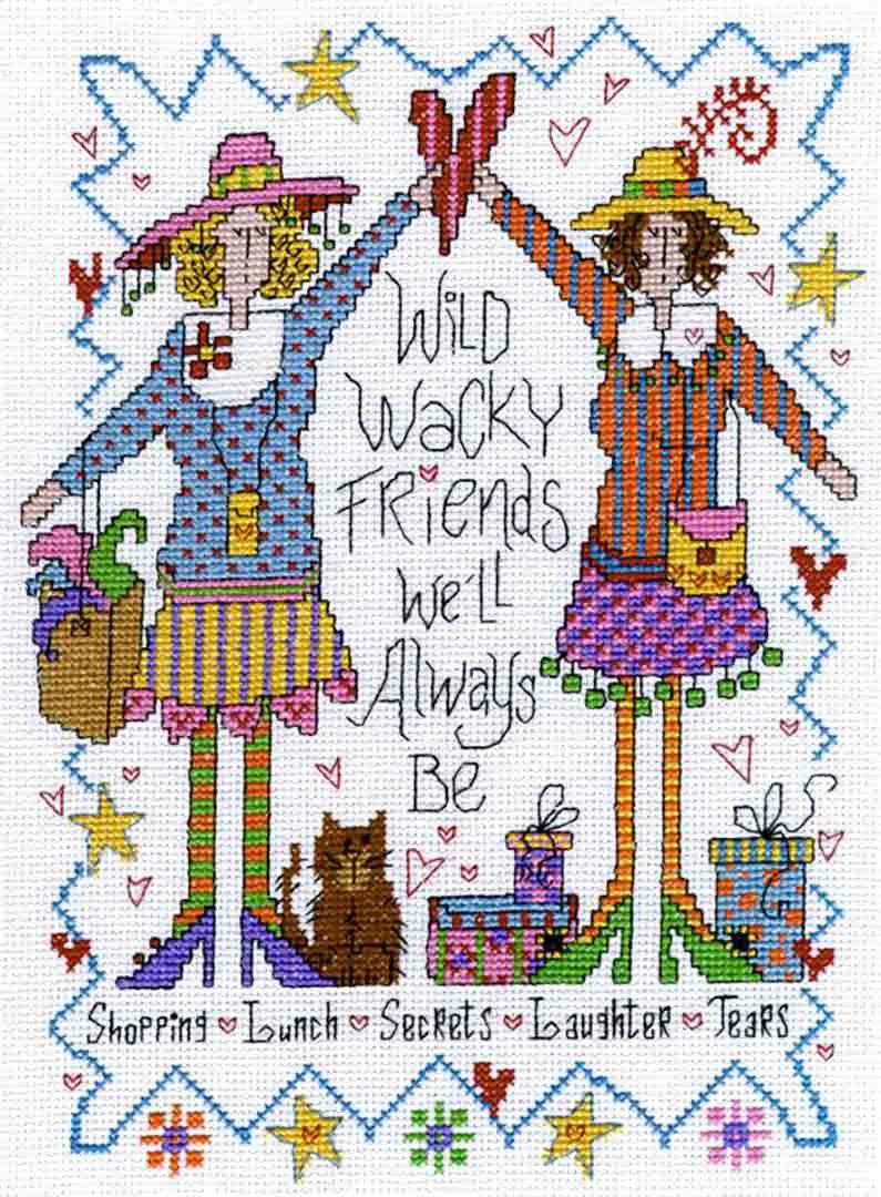 A stitched preview of the counted cross stitch pattern Wacky Friends by Diane Arthurs