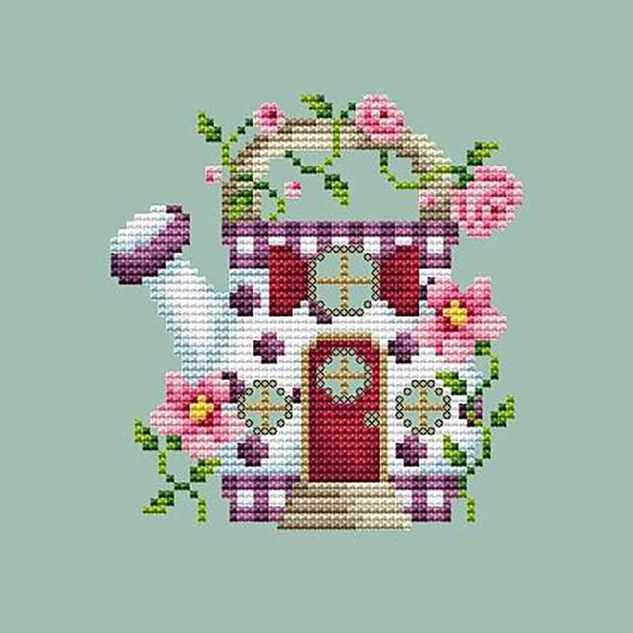 A stitched preview of the counted cross stitch pattern Watering Can House by Shannon Christine Designs