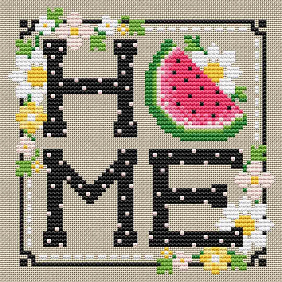A stitched preview of the counted cross stitch pattern Watermelon Home by Erin Elizabeth Designs