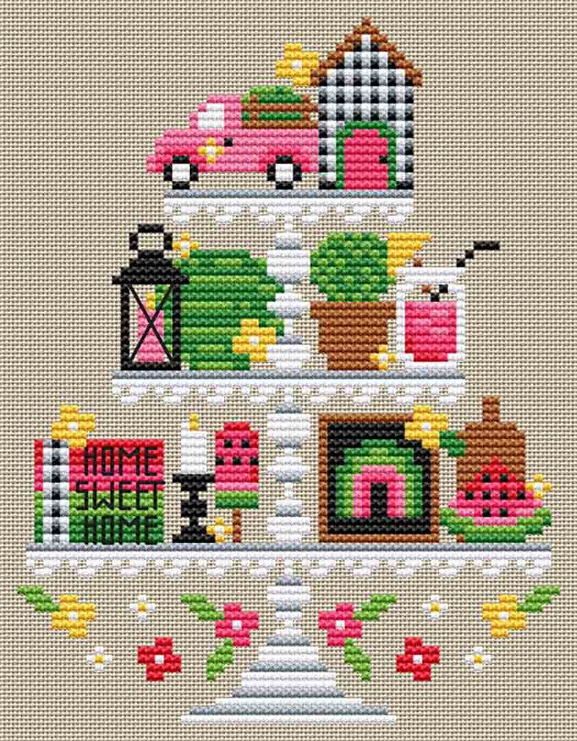 A stitched preview of the counted cross stitch pattern Watermelon Tier by Erin Elizabeth Designs