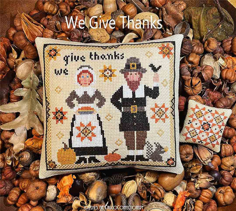 A stitched preview of the counted cross stitch pattern We Give Thanks by The Calico Confectionery