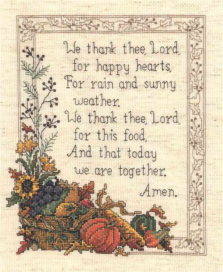 A stitched preview of the counted cross stitch pattern We Thank Thee Lord by Diane Arthurs
