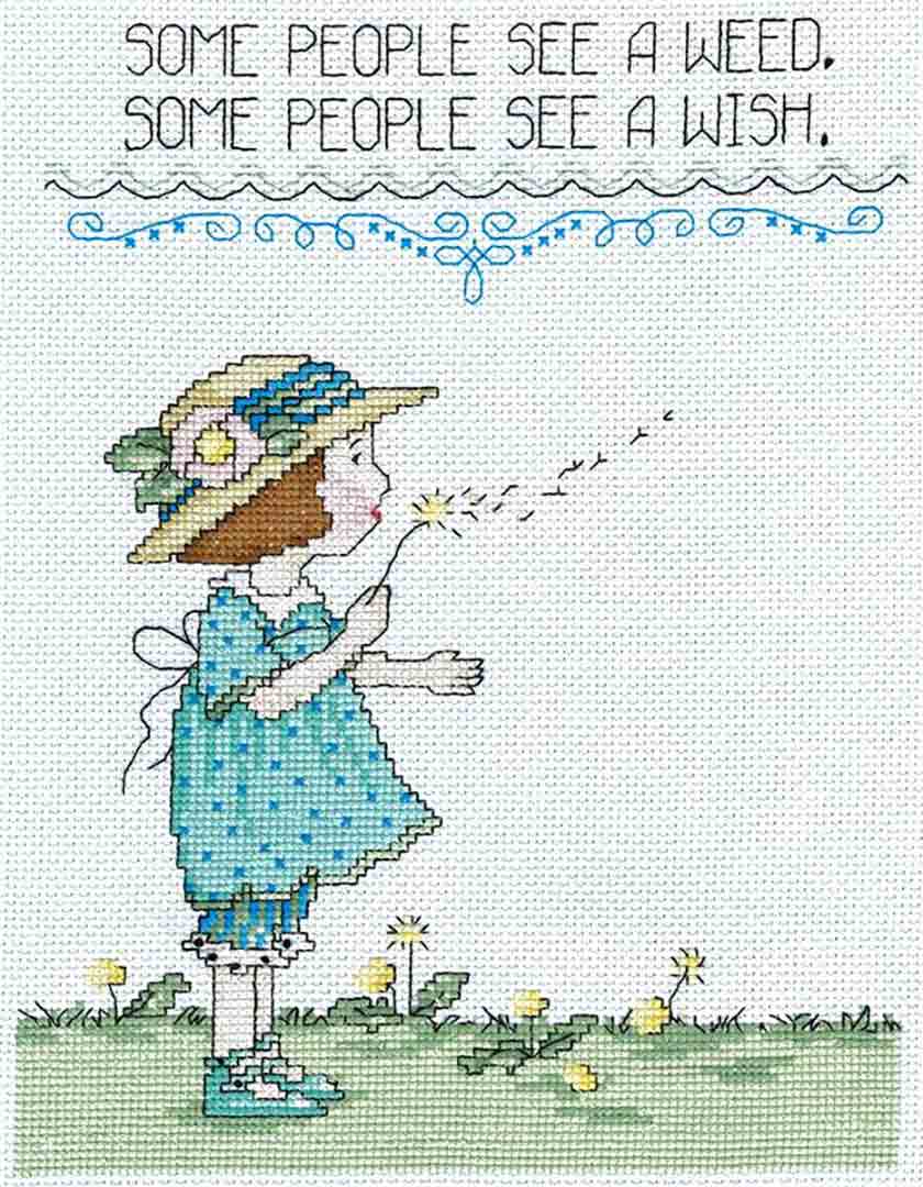 A stitched preview of the counted cross stitch pattern Weed Or Wish by Mary Engelbreit