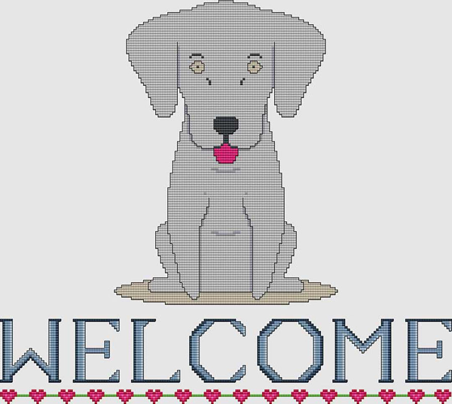 A stitched preview of the counted cross stitch pattern Weimaraner Welcome by DogShoppe Designs