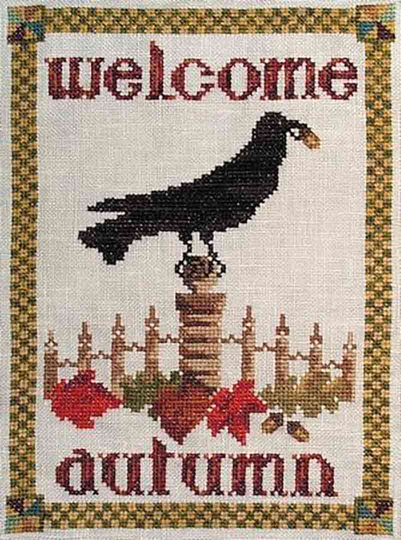 A stitched preview of the counted cross stitch pattern Welcome Autumn by Janis Lockhart