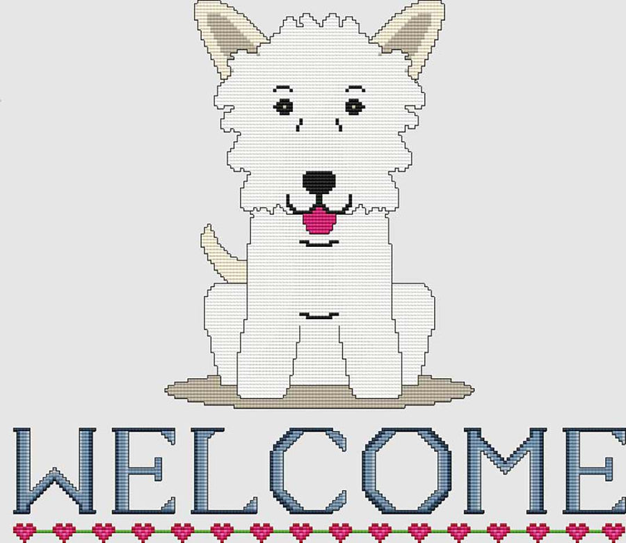 A stitched preview of the counted cross stitch pattern West Highland Terrier Welcome by DogShoppe Designs