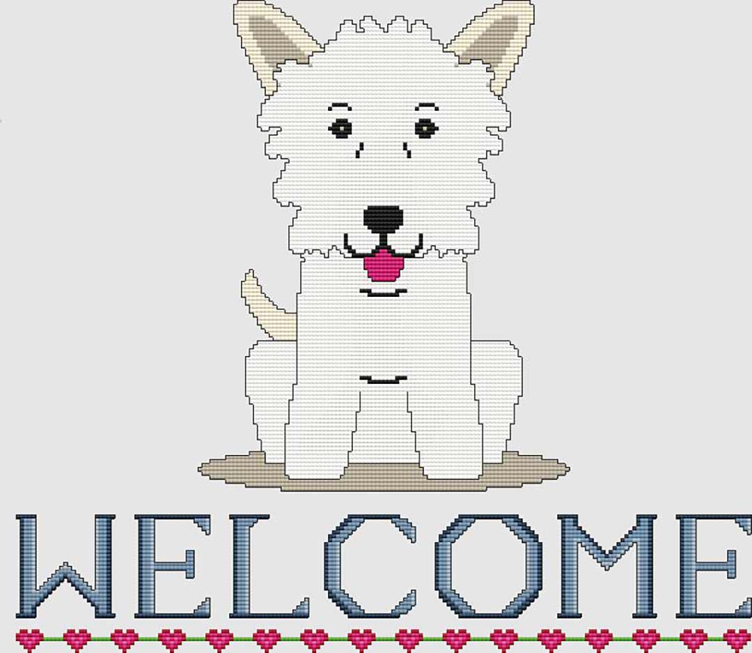 A stitched preview of the counted cross stitch pattern West Highland Terrier Welcome by DogShoppe Designs