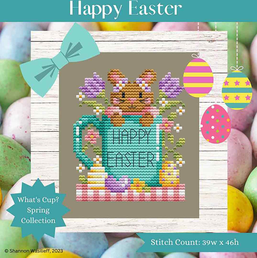 A stitched preview of the counted cross stitch pattern What's Cup? Collection, Happy Easter by Shannon Christine Designs