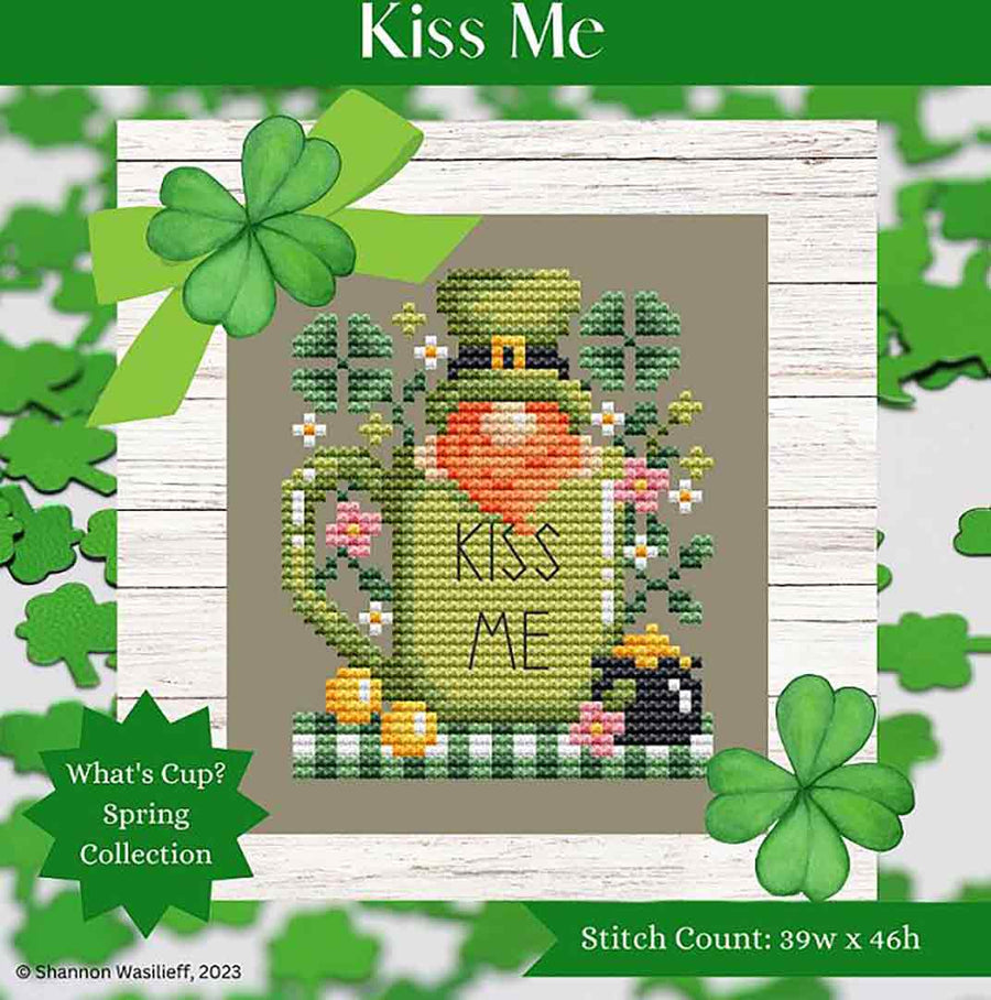A stitched preview of the counted cross stitch pattern What's Cup? Collection, Kiss Me by Shannon Christine Designs