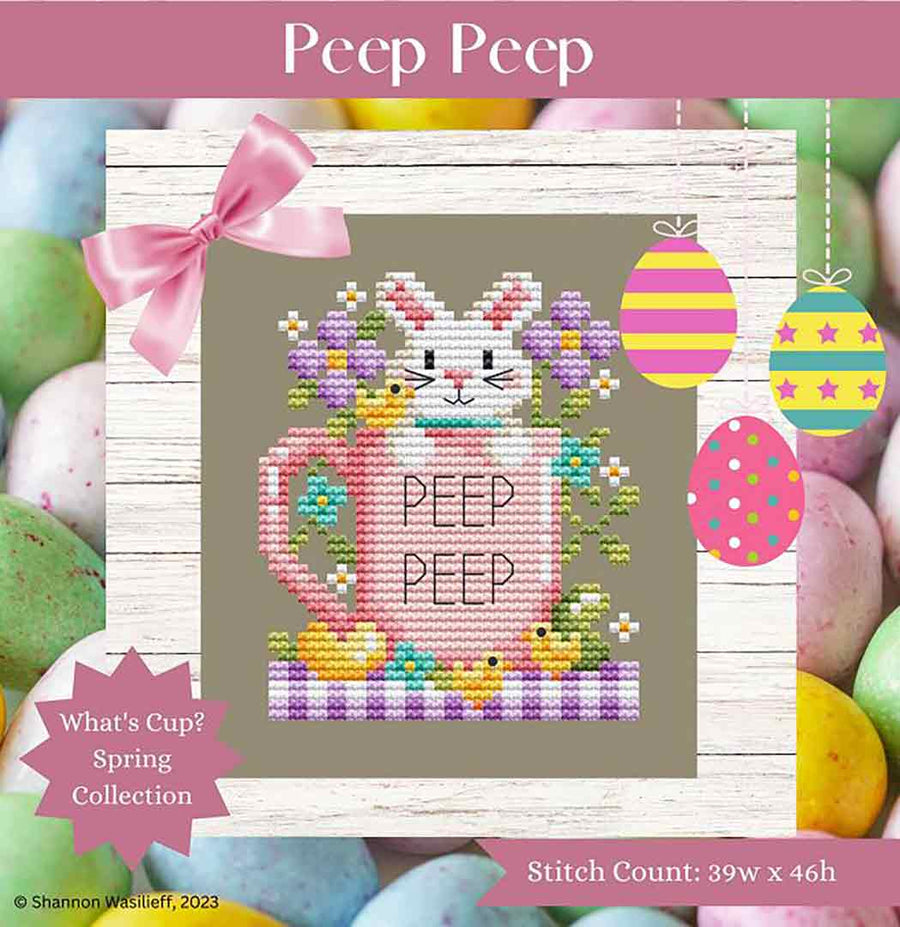 A stitched preview of the counted cross stitch pattern What's Cup? Collection, Peep Peep by Shannon Christine Designs