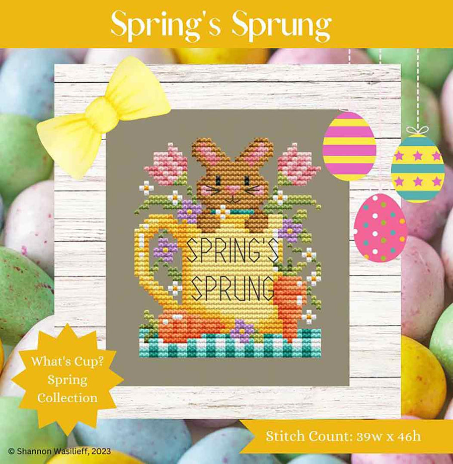 A stitched preview of the counted cross stitch pattern What's Cup? Collection, Spring's Sprung by Shannon Christine Designs