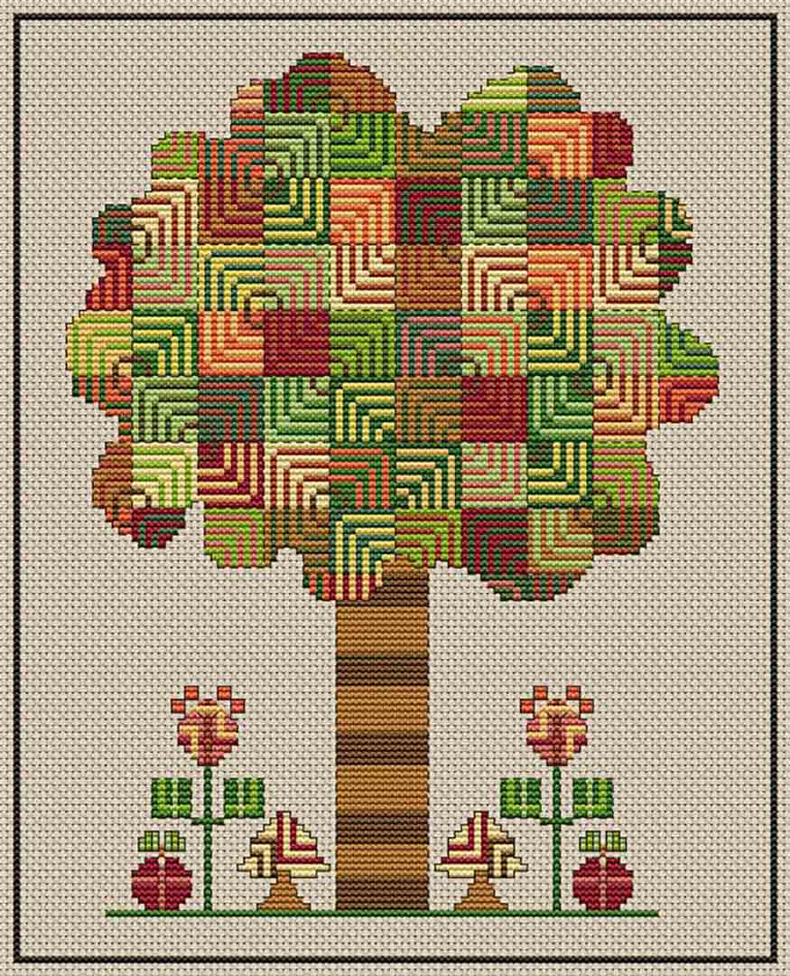 A stitched preview of the counted cross stitch pattern Whirly Twirly Treetop by Carolyn Manning Designs