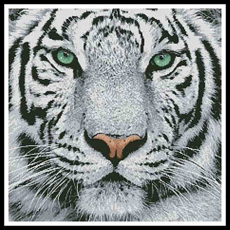 A stitched preview of the counted cross stitch pattern White Tiger Close Up by Artecy Cross Stitch