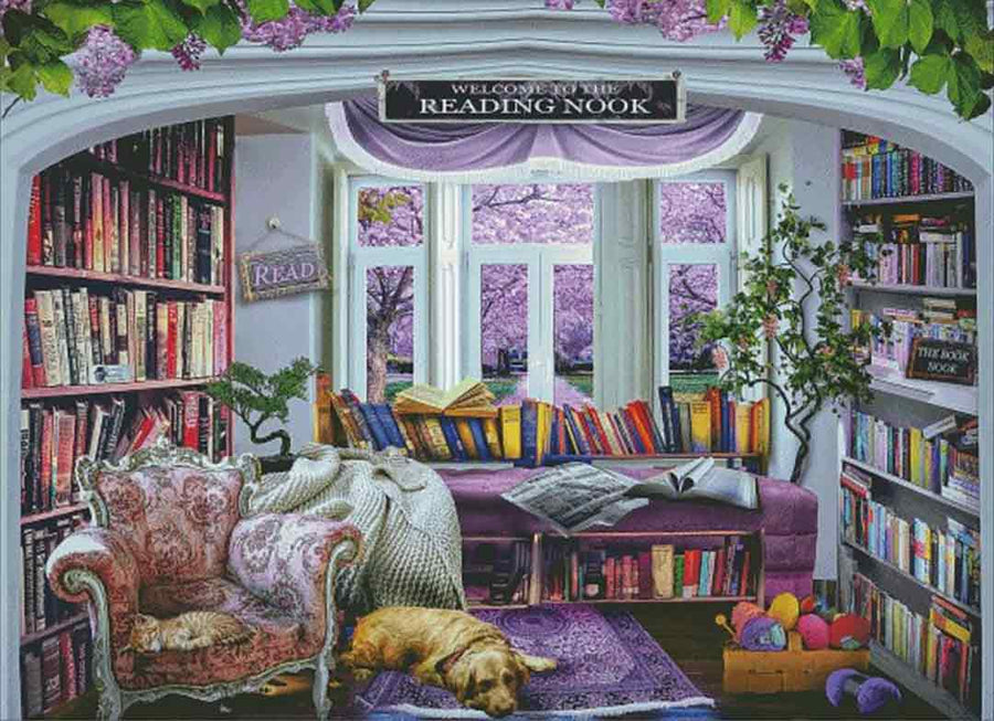 A stitched preview of the counted cross stitch pattern Window In Spring Reading Nook by Charting Creations