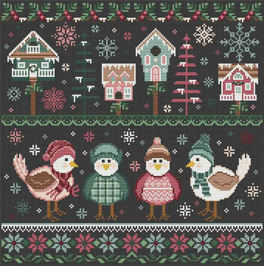 A stitched preview of the counted cross stitch pattern Winter Birds by Erin Elizabeth Designs
