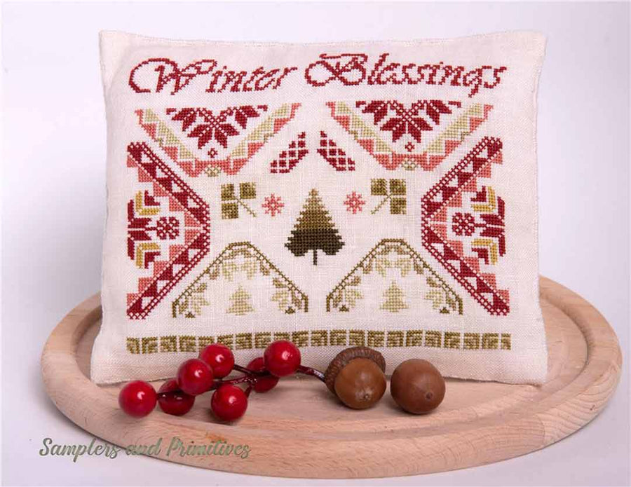 A stitched preview of the counted cross stitch pattern Winter Blessings by Samplers and Primitives