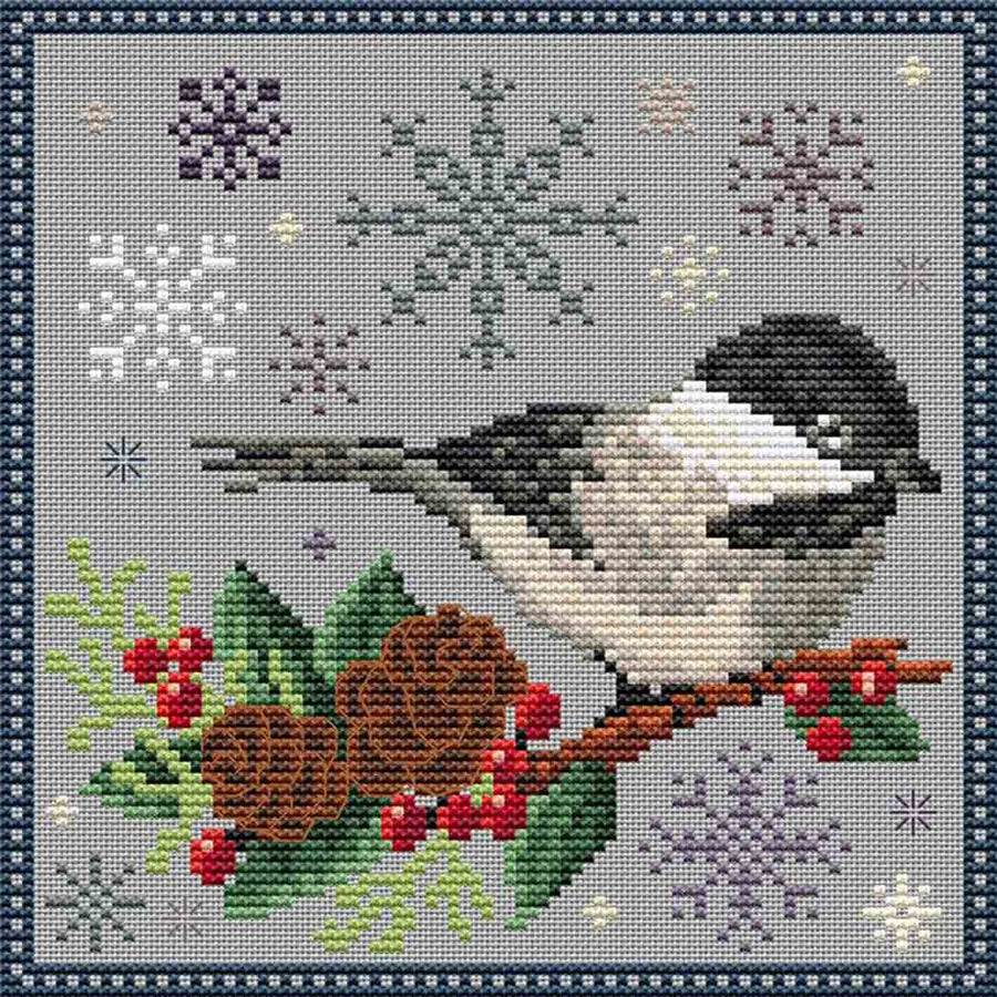 A stitched preview of the counted cross stitch pattern Winter Chickadee by Erin Elizabeth Designs