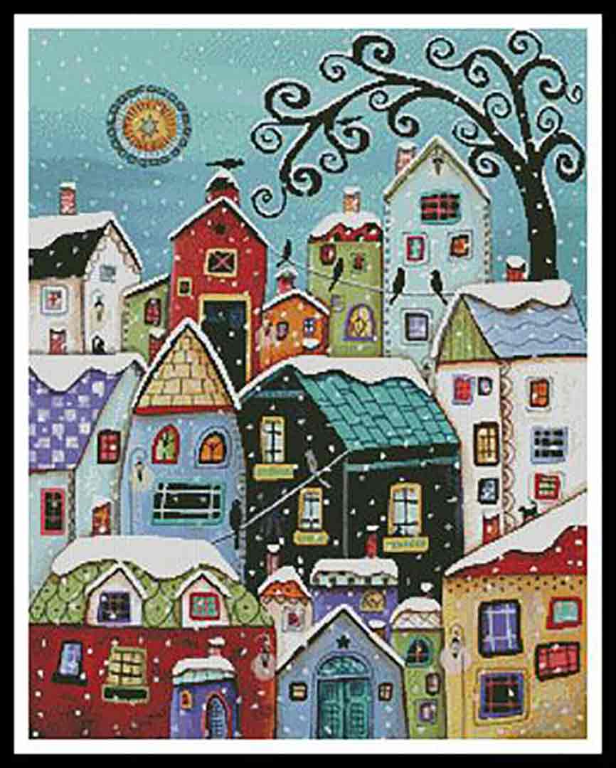 A stitched preview of the counted cross stitch pattern Winter City by Artecy Cross Stitch