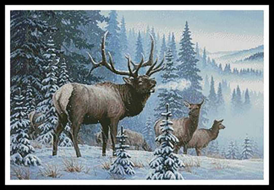 A stitched preview of the counted cross stitch pattern Winter Elk by Artecy Cross Stitch