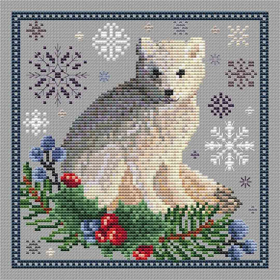 A stitched preview of the counted cross stitch pattern Winter Fox by Erin Elizabeth Designs