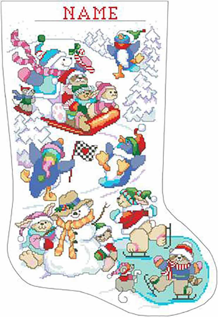 A stitched preview of the counted cross stitch pattern Winter Fun On Ice Stocking by Kooler Design Studio