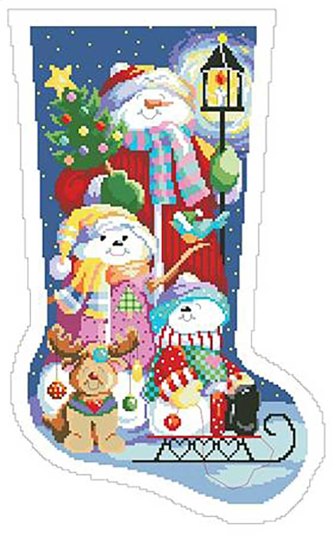 A stitched preview of the counted cross stitch pattern Winter Fun Stocking by Kooler Design Studio