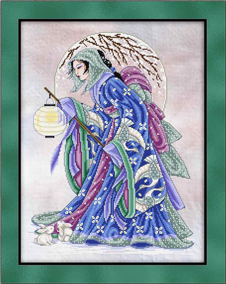 A stitched preview of the counted cross stitch pattern Winter Geisha by Joan A Elliott