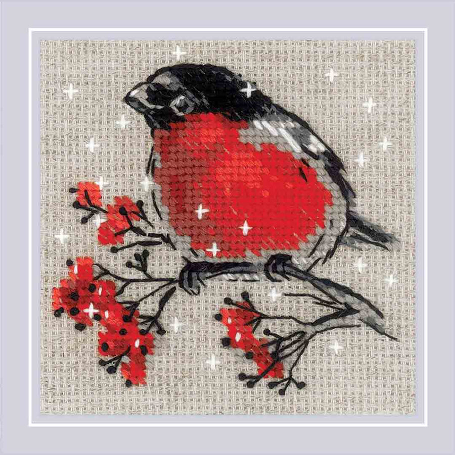 A stitched preview of Winter Guest Counted Cross Stitch Kit