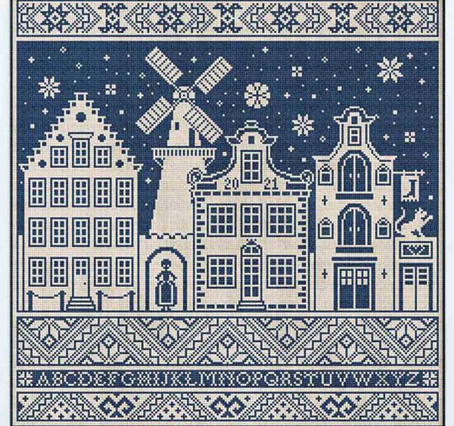 A stitched preview of the counted cross stitch pattern Winter In The City by Modern Folk Embroidery
