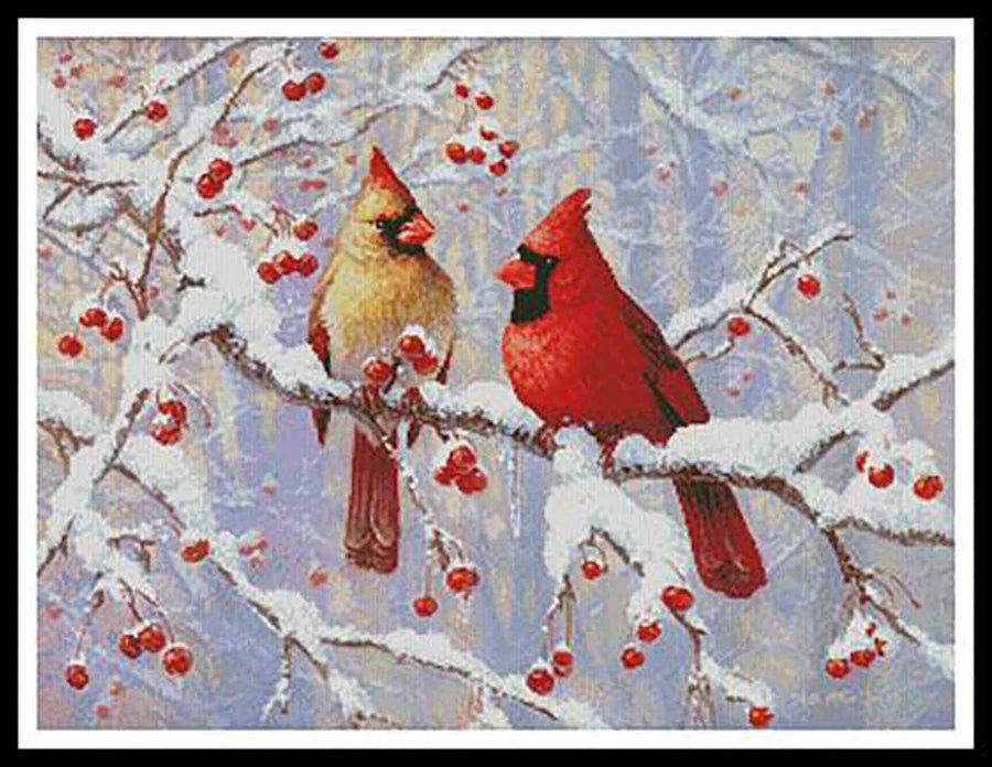 A stitched preview of the counted cross stitch pattern Winter Joy Cardinals by Artecy Cross Stitch